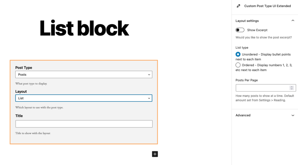 Screenshot of the Custom Post Type UI Extended block and available settings for list layout.